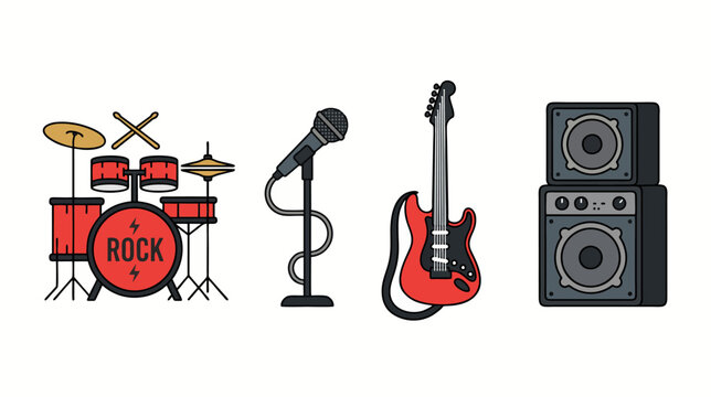 Rock music icons set including drums, microphone, guitar and speakers, World Rock Day, minimalist 2d flat illustration on a white background
