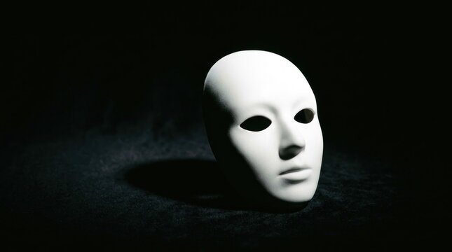 A stark white, expressionless mask rests on a dark surface. The mask&rsquo;s smooth, featureless face is illuminated by a single, focused light source, casting a dramatic shadow.