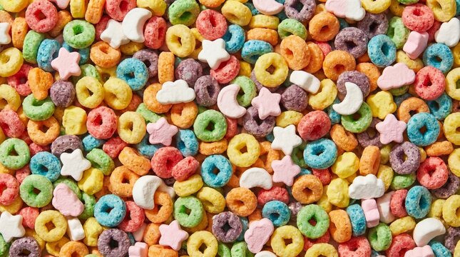 A vibrant top-down macro shot of colorful breakfast cereal mixed with mini star and moon-shaped marshmallows. Seamless full frame food texture background.