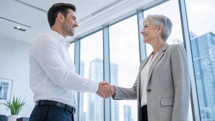 Fototapeta premium Professional Business Handshake Between Young Businessman and Senior Executive Woman in Modern Office