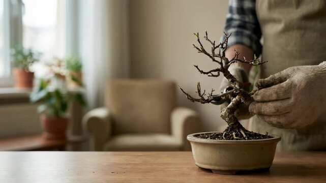 Man prunes small bonsai tree in ceramic pot. Gardener caring for miniature plant using shears indoors. Precision tree maintenance and hobby horticulture concept.