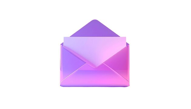 3D glass morphism open email envelope icon with translucent pink and purple gradient on white background