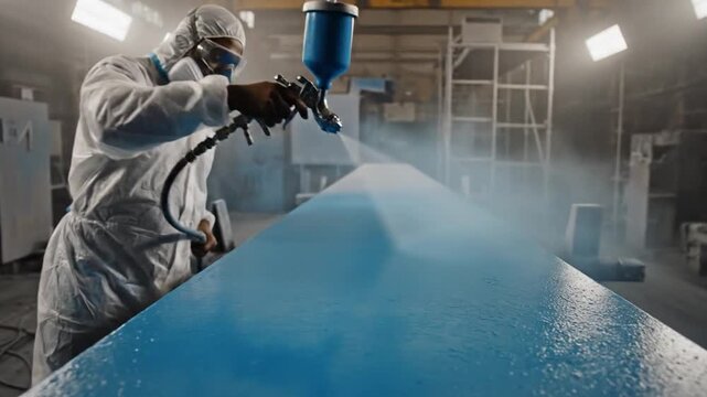 Industrial worker in protective gear spray painting a blue metal beam in a factory setting