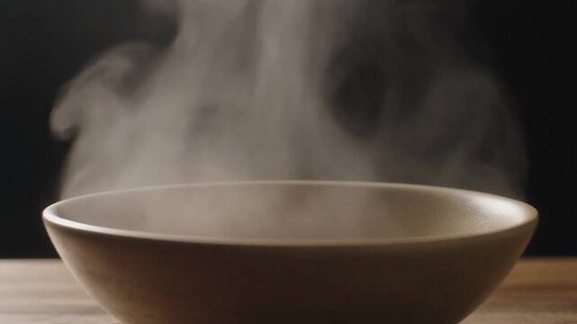 Steaming bowl close up, static camera, realistic motion