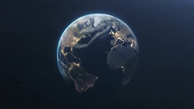 The Earth is seen glowing brightly in space with continents lit up.