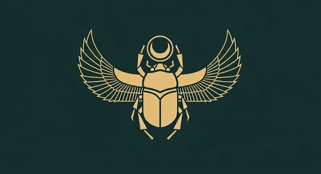 Egyptian gold scarab beetle with wings and sun.