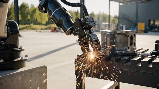 Robotic arm welding metal parts in an industrial manufacturing process.