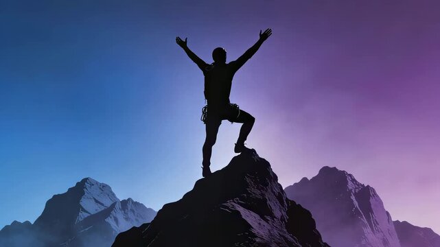 Mountaineer stands on mountain summit with arms raised. Man celebrating reaching top of peak. Achievement and success concept in extreme sport and hiking activity.