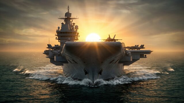 INS Vikrant Aircraft Carrier At Ocean Sunrise