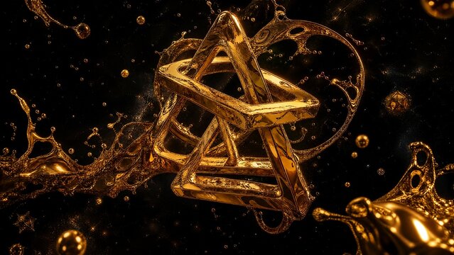 Molten gold forming impossible geometric shapes in zero gravity, defying physical laws.