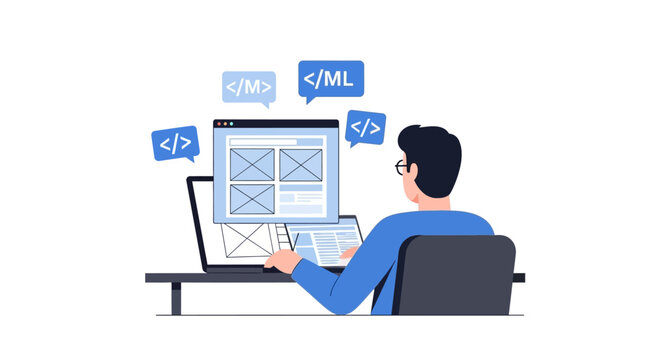 Web Developer and UI UX Designer Working on Laptop with Interface Wireframe and Coding Tags, Flat Vector Illustration