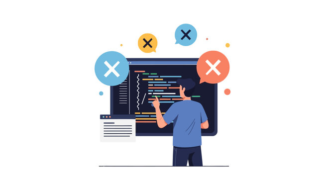 Software Developer Debugging Code and Troubleshooting Programming Errors Flat Illustration
