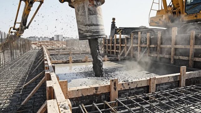 Massive concrete pump pouring wet cement into wooden formwork at a large construction site with rebar visible