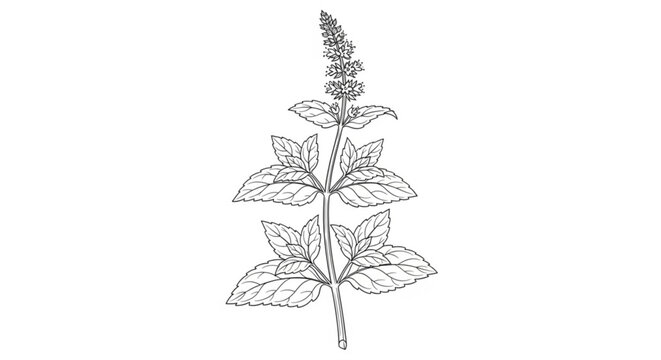 Detailed Mint Plant with Flower and Leaves Botanical Outline Illustration on White Background Vector
