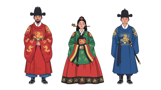 Three individuals in traditional Korean Hanbok clothing, showcasing historical royal attire.