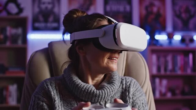 Woman immersed in virtual reality gaming experience with VR headset and controller.