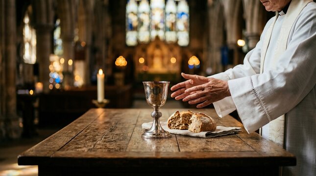 Catholic priest hands blessing the holy communion bread and wine chalice on a wooden altar inside a church during mass.