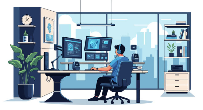 Man Working at Computer in Home Office Setup.