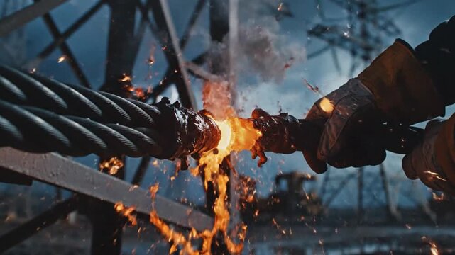 Intense Sparks Fly as Wires Connect and Clash in a Power Line Construction Zone