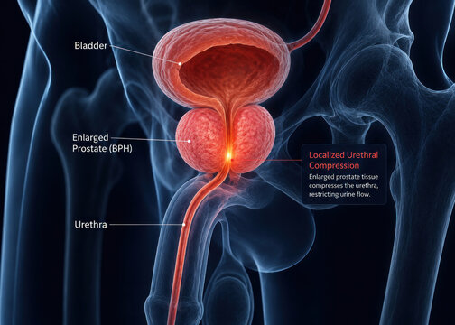 Enlarged Prostate BPH Causing Urethral Compression Medical Illustration