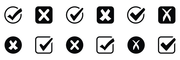 Check tick mark icon set. Cross box x check mark checkbox v list vector draw hand drawn sketch doodle brush marker checklist symbol wrong right circle. For apps and websites. Vector illustration. © Hike Studio 444
