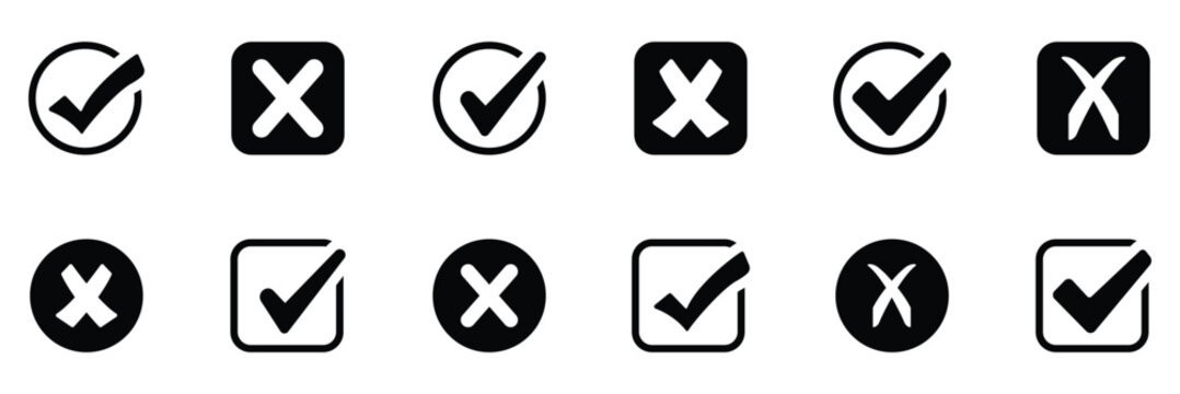 Check tick mark icon set. Cross box x check mark checkbox v list vector draw hand drawn sketch doodle brush marker checklist symbol wrong right circle. For apps and websites. Vector illustration.