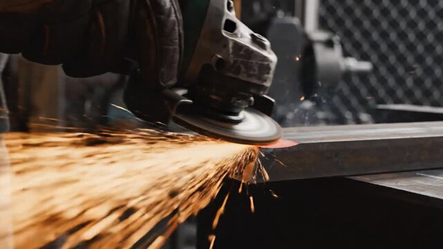 Intense metal grinding process with sparks flying from an angle grinder smoothing rough edges