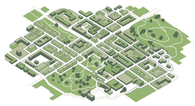 Isometric top view illustration of a green city neighborhood with parks and residential buildings.