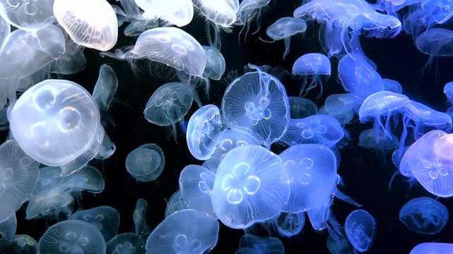 Close-up of a colorful jellyfish with translucent tentacles drifting underwater.