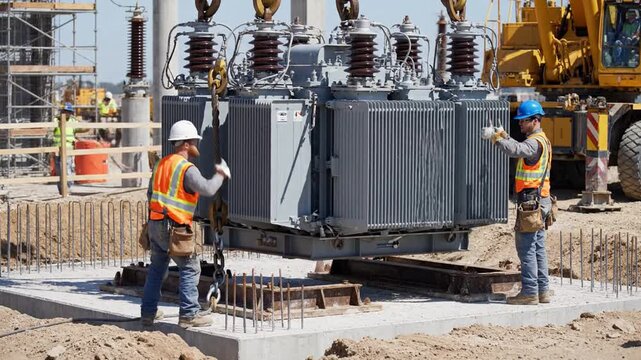 Skilled workers carefully install a large electrical transformer using a crane at a construction site