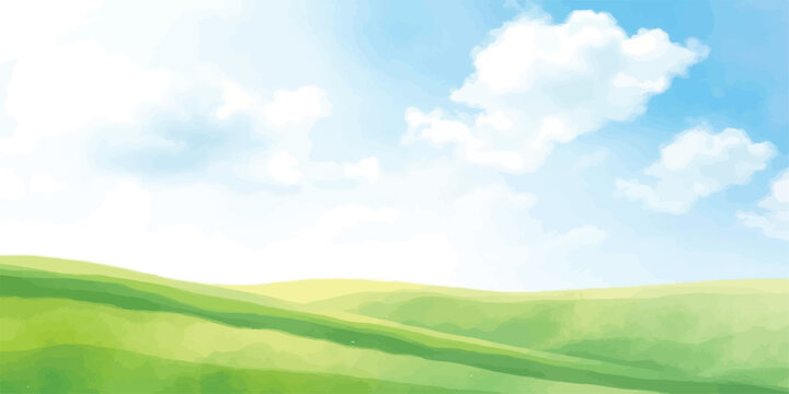 Digital watercolor illustration of green grass meadows and blue sky with landscape watercolor painting countryside outdoors backdrop peaceful grassland environment panoramic