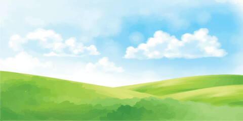 Obraz premium Watercolor painting of a bright green landscape under a blue sky with fluffy white clouds watercolor landscape artistic painting outdoors illustration peaceful environment countryside