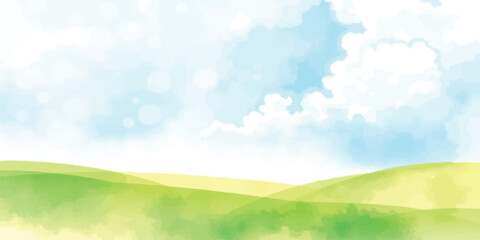 Obraz premium Soft watercolor painting of rolling green meadows and hills under a cloudy sky with watercolor landscape painting artistic countryside outdoors peaceful abstract backdrop illustration