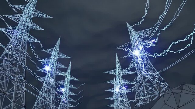 High voltage power lines emit electric sparks during storm. Dramatic lightning strikes illuminate transmission towers at night. Energy infrastructure showcases power generation and transmission.