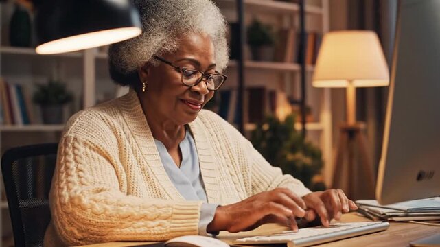 Elderly Woman Working on Computer at Home, Typing, Focused, Illuminated, Evening.