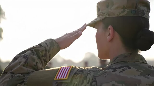 Female in camouflage military uniform saluting outdoors, side profile shot