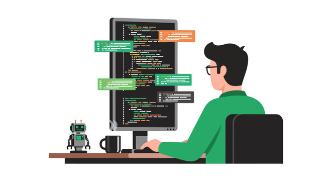 Software Developer Working on Code at Computer Desk with AI Robot Toy Flat Illustration