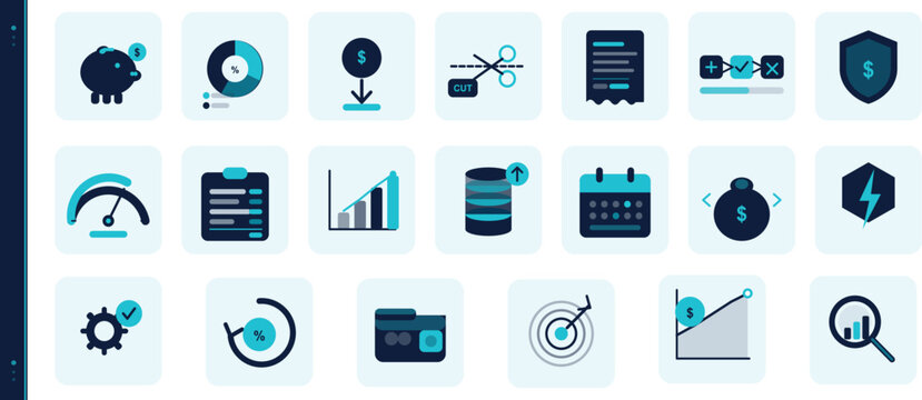 Collection of modern business and financial management app icons featuring pie charts growth graphs calendar database and money elements set