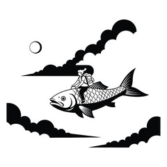 Person with backpack riding a giant fish through the sky, surreal adventure illustration in black and white minimalist style © Iqbal