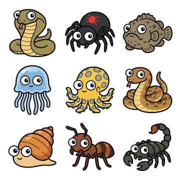 Cute Venomous Animals Collection Cartoon Character Set with Big Googly Eyes and Chubby Rounded Shapes