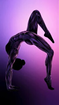 Female gymnast practicing flexibility bridge pose. Anatomy model performing extreme backbend exercise. Health and fitness athletic training for body enhancement. Vertical video