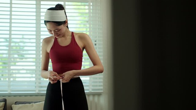 Slim young Asian woman measuring waist with tape measure at home. Weight loss, healthy lifestyle, fitness, body transformation, longevity and wellness concept.
