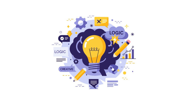 Creative Thinking and Logic Brainstorming Concept Illustration with Brain, Light Bulb, and Pencils for Business Innovation and Problem Solving