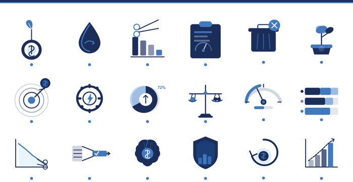 Collection of modern financial and business data visualization icons featuring target charts scales growth graphs and balance dashboard templates set