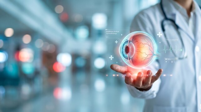 Medical professional holding a vibrant 3D holographic human eye, showcasing advanced ophthalmology diagnostics and innovative digital healthcare technology for patient care.