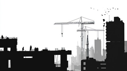Naklejka premium Urban silhouette of construction workers and cranes against a bright sky in grayscale