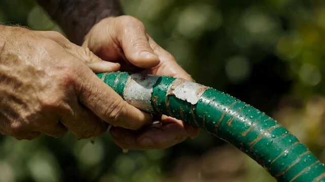 Close-up of hands fixing a leaky garden hose. Man repairing a water leak with tape. Water conservation and ecology problem concept