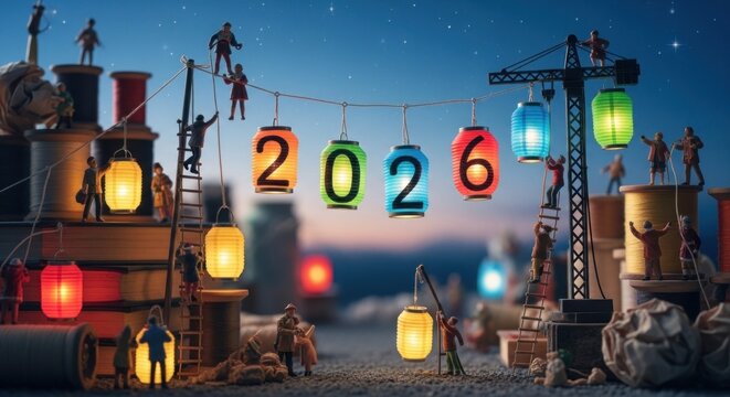 Tiny people prepare for 2026 with colorful lanterns and spools.