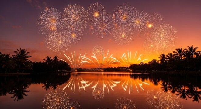 Spectacular fireworks illuminate a tropical sunset over a calm lake.