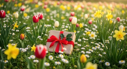 Fototapeta premium A gift box with a red ribbon sits in a field of spring flowers.